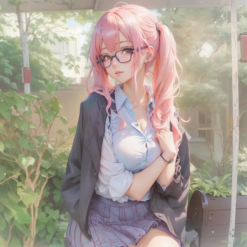 Anime Girls with pink hair and glasses sitting on a bench, Wearing glasses, Beautiful anime school girl, portrait Anime Girls, Anime Girls, cute Anime Girls, young Anime Girls, seductive Anime Girls, Anime Style 4k, Cute girl anime visuals, an Anime Girls, cute Anime Girls portraits, Soft anime illustration, (Anime Girls)