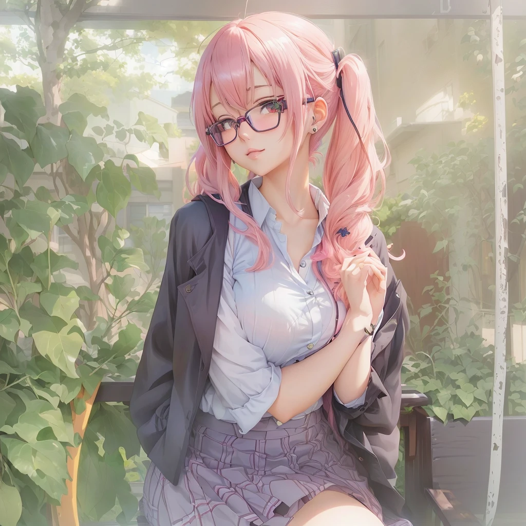 Anime Girls with pink hair and glasses sitting on a bench, Wearing glasses, Beautiful anime school girl, portrait Anime Girls, Anime Girls, cute Anime Girls, young Anime Girls, seductive Anime Girls, Anime Style 4k, Cute girl anime visuals, an Anime Girls, cute Anime Girls portraits, Soft anime illustration, (Anime Girls)