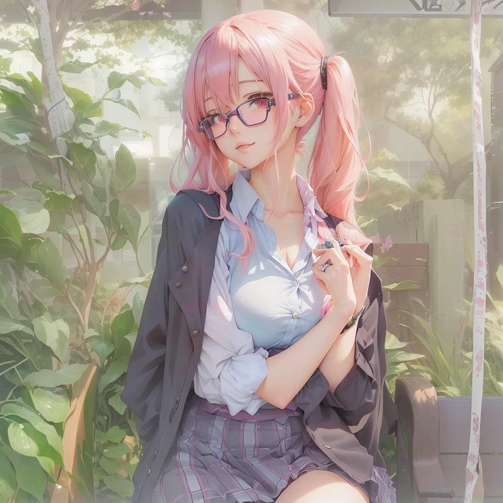 Anime Girls with pink hair and glasses sitting on a bench, Wearing glasses, Beautiful anime school girl, portrait Anime Girls, Anime Girls, cute Anime Girls, young Anime Girls, seductive Anime Girls, Anime Style 4k, Cute girl anime visuals, an Anime Girls, cute Anime Girls portraits, Soft anime illustration, (Anime Girls)