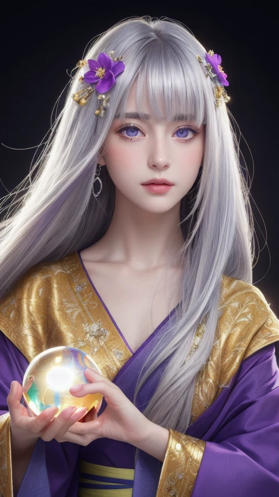 (masterpiece:1.3), (8k, photorealistic, raw photo, highest quality:1.4), (one girl), beautiful face, (realistic face), (long hair), (silver hair, near white hair, shiny hair, beautiful straight hair), (even bangs), (sharp bangs), straight hairstyle, realistic eyes, beautiful detailed eyes (purple eyes), (sharp eyes), (realistic skin), beautiful skin, (kimono), (magician's kimono), (flower hair ornament), attractive, ultra high resolution, ultra realistic, highly detailed, golden ratio, colorful background, (flowers blooming), (energy dancing background), magician, facing forward, facing from shoulders, looking straight ahead, both shoulders facing towards you, holding crystal ball, (heart crystal ball, love crystal ball).