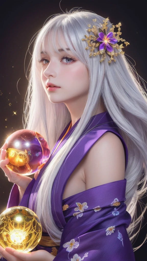 (masterpiece:1.3), (8k, photorealistic, raw photo, highest quality:1.4), (one girl), beautiful face, (realistic face), (long hair), (silver hair, near white hair, shiny hair, beautiful straight hair), (even bangs), (sharp bangs), straight hairstyle, realistic eyes, beautiful detailed eyes (purple eyes), (sharp eyes), (realistic skin), beautiful skin, (kimono), (magician's kimono), (flower hair ornament), attractive, ultra high resolution, ultra realistic, highly detailed, golden ratio, colorful background, (flowers blooming), (energy dancing background), magician, facing forward, facing from shoulders, looking straight ahead, both shoulders facing towards you, holding crystal ball, (heart crystal ball, love crystal ball).