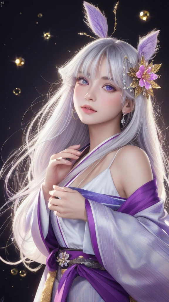 (masterpiece:1.3), (8k, photorealistic, raw photo, highest quality:1.4), (one girl), beautiful face, (realistic face), (long hair), (silver hair, near white hair, shiny hair, beautiful straight hair), (even bangs), (sharp bangs), straight hairstyle, realistic eyes, beautiful detailed eyes (purple eyes), (sharp eyes), (realistic skin), beautiful skin, (kimono), (magician's kimono), (flower hair ornament), attractive, ultra high resolution, ultra realistic, highly detailed, golden ratio, colorful background, (flowers blooming), (energy dancing background), magician, facing forward, facing from shoulders, looking straight ahead, both shoulders facing towards you, holding crystal ball, (heart crystal ball, love crystal ball).