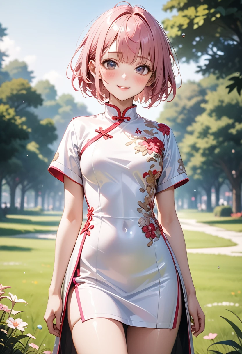 ((A Chinese dress with flashy embroidery)), Metallic Outfit, (The hem of the costume is long), skinny, solo, 1 woman, Masterpiece, highest quality, highest quality, 16K, incredibly absurd, highly detailed, 2.5D, ai-generated, delicate and dynamic, very delicate facial expressions, delicate eye depiction, erotic, only sexy woman, ((A cute and kind face)), healthy figure, ((25-year-old woman)), 160cm tall, medium firm swaying bust, (short hair), (pink hair:1.5), bob cut, black eye, blush, Sweat,Embarrassed,sexy, ((thin thighs)), (camel toe:0.8), (Erect nipples:0.7), (visible nipples:0.7), ((shiny and lustrous)), facing straight at viewer, smile, (standing), cowboy shot, ((arm at side)), Large park, daytime, bright, on the grass,