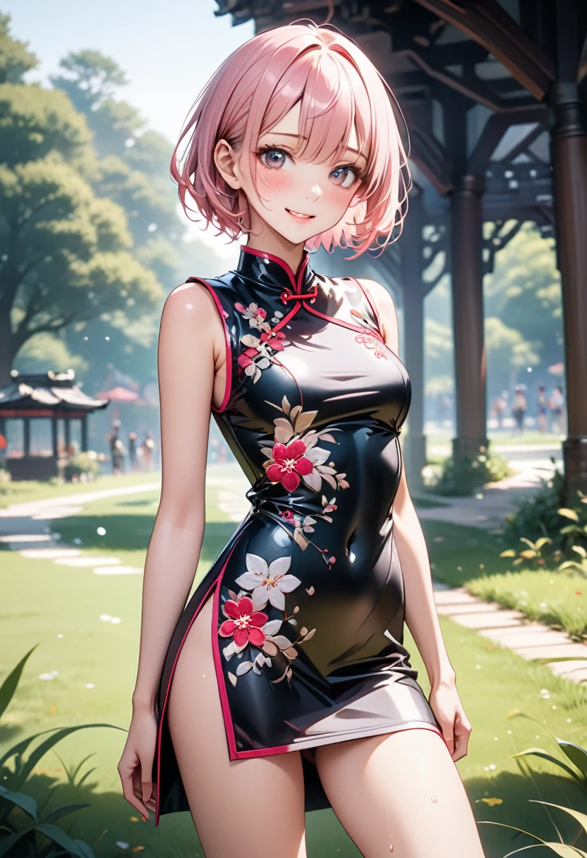 ((A Chinese dress with flashy embroidery)), Metallic Outfit, (The hem of the costume is long), skinny, solo, 1 woman, Masterpiece, highest quality, highest quality, 16K, incredibly absurd, highly detailed, 2.5D, ai-generated, delicate and dynamic, very delicate facial expressions, delicate eye depiction, erotic, only sexy woman, ((A cute and kind face)), healthy figure, ((25-year-old woman)), 160cm tall, medium firm swaying bust, (short hair), (pink hair:1.5), bob cut, black eye, blush, Sweat,Embarrassed,sexy, ((thin thighs)), (camel toe:0.8), (Erect nipples:0.7), (visible nipples:0.7), ((shiny and lustrous)), facing straight at viewer, smile, (standing), cowboy shot, ((arm at side)), Large park, daytime, bright, on the grass,