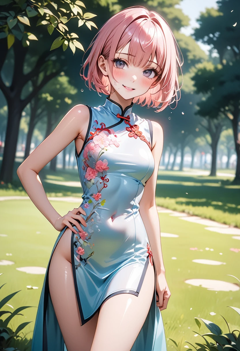 ((A Chinese dress with flashy embroidery)), Metallic Outfit, (The hem of the costume is long), skinny, solo, 1 woman, Masterpiece, highest quality, highest quality, 16K, incredibly absurd, highly detailed, 2.5D, ai-generated, delicate and dynamic, very delicate facial expressions, delicate eye depiction, erotic, only sexy woman, ((A cute and kind face)), healthy figure, ((25-year-old woman)), 160cm tall, medium firm swaying bust, (short hair), (pink hair:1.5), bob cut, black eye, blush, Sweat,Embarrassed,sexy, ((thin thighs)), (camel toe:0.8), (Erect nipples:0.7), (visible nipples:0.7), ((shiny and lustrous)), facing straight at viewer, smile, (standing), cowboy shot, ((arm at side)), Large park, daytime, bright, on the grass,