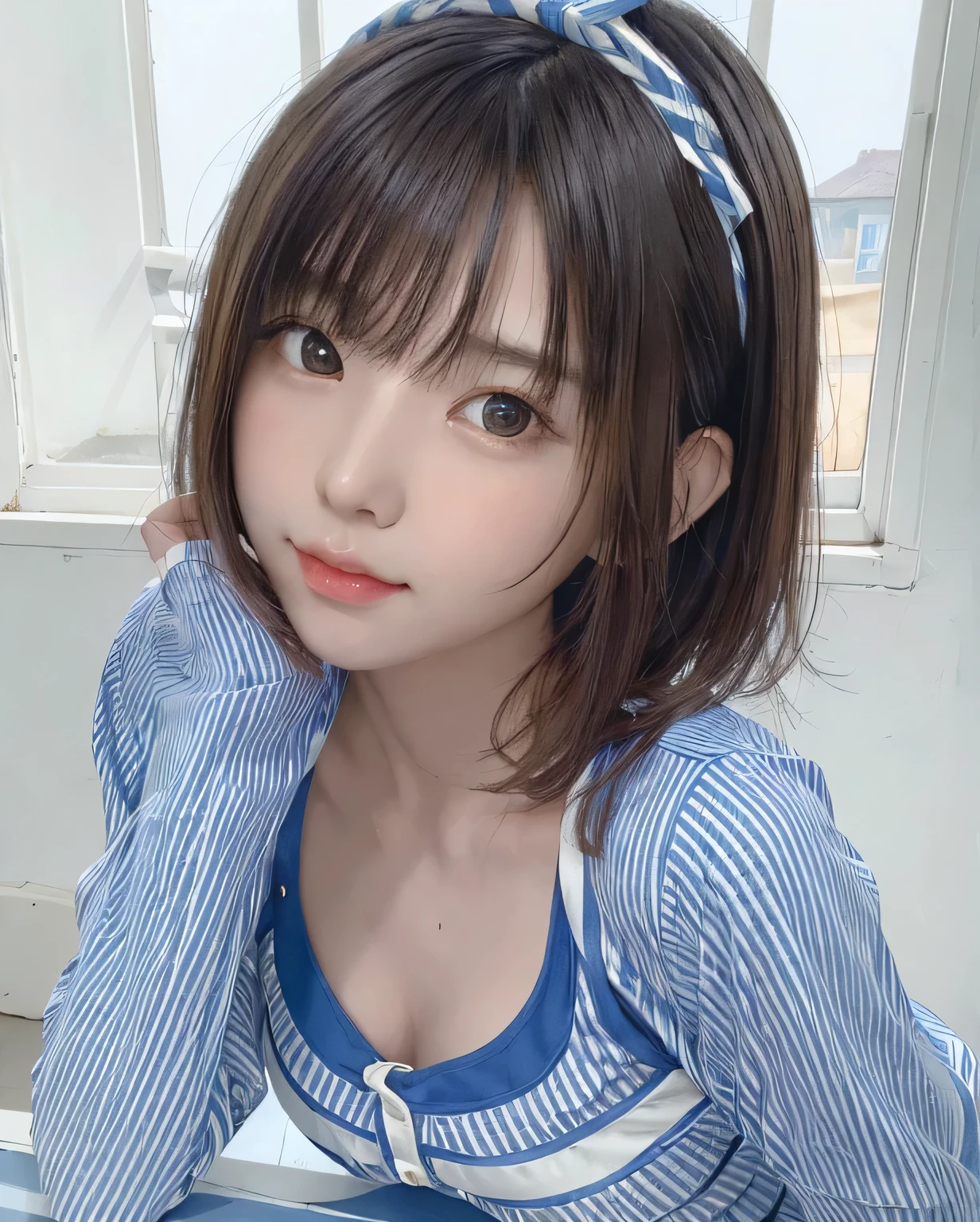 4K, masterpiece, 8k, high quality, 最high quality,10歳のcute少等生, Very white skin, Long brown hair，a bit，Low length，freckles，Thin eyebrows，Straight bangs，(Flat Chest) ，feminine, freckles, Tilt, elegant, elegant, cute, smile, cute, Hilarious, belly button, Denim Low Rise Mini Skirt, ((Black knee socks)), (Ugly clothes)、((Gray background))