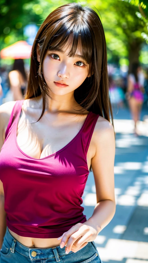 RAW photo, (best quality, 8k, 32k, masterpiece, UHD:1.2), ultra high resolution, (pretty a Korean  girl:1.3), 13 years ol detailed eyes, long brown hair, bangs, (wearing magenta tank-top), big breasts, cleavage, (crowded city boulevard on a bright sunny day:1.2), (detailed background:1.5)