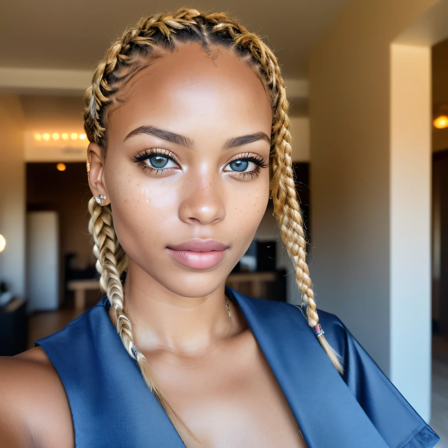 (selfie, center view: 1.4), (full of the body: 1.4), RAW UHD portrait photo of a 28-year-old African (blue-eyed African woman mixed brazillian), blonde braids, large breasts, (skirt), behind her Miami beach, (neckline), details (textures! , hair! , glitter, color!! , disadvantages: 1.1), glossy eyes with high detail (looking at the camera), SLR lighting, SLR camera, ultra-quality, sharpness, depth of field, film grain (center), Fujifilm XT3, crystal clear, frame center, beautiful face, sharp focus, bokeh (dimly lit), day, detailed skin pores, oily skin, sunburn, complex eye details, full body, large breasts