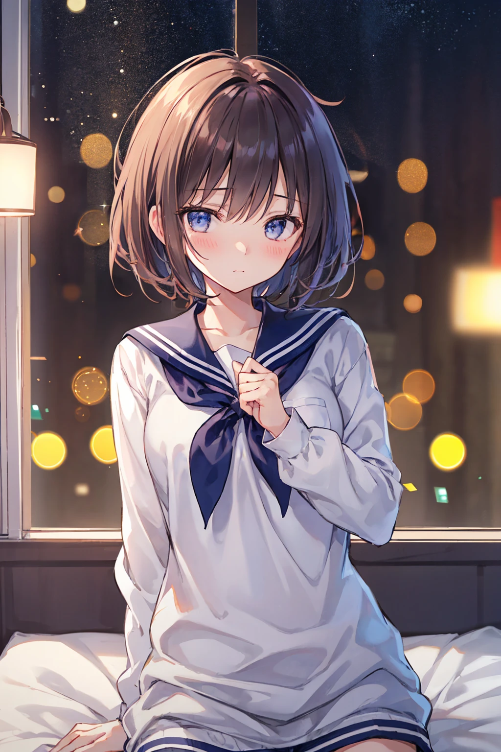 Highest quality、Slender beauty、1 person、Small eyes、Very Short Hair、Embarrassed expression、blush，The upper body is a sailor suit、Knee-length、bedroom，Small breasts，night，((Highest quality)), (Very detailed), (High-definition CG synthesis 8K wallpaper), 高いly detailed, 高い-definition raw color photos, Professional photography, (((Bokeh))), Written boundary depth,Underwear visible