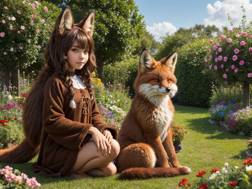 fox, (monster girl), long brown ears with darker brown inside, brown fur, tan neck fluff, brown fluffy tail with a tan tip, large brown eyes, wearing modest clothing, sitting in a flower garden, masterpiece, best quality.
