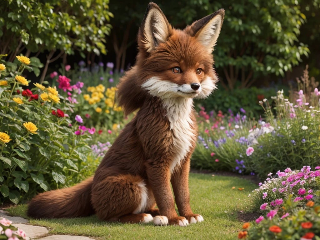 fox, (monster girl), long brown ears with darker brown inside, brown fur, tan neck fluff, brown fluffy tail with a tan tip, large brown eyes, wearing modest clothing, sitting in a flower garden, masterpiece, best quality.