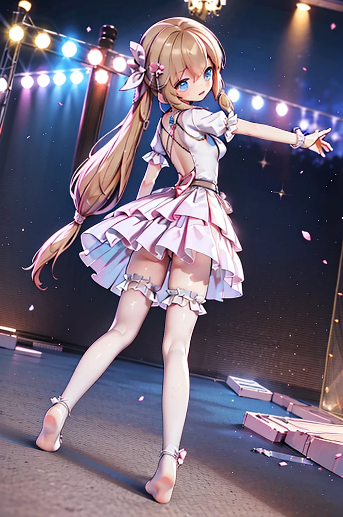 Solo girl, comical, kawaii, Blue eyes, light brown hair, back high twintails, front braids, princess dress, open mouth smile, ((from back)), dance at the stage, neon and led lights, posing, flying kiss, high resolution image, masterpiece, high quality, attractive eyes, (((dutch angle, full body)))
