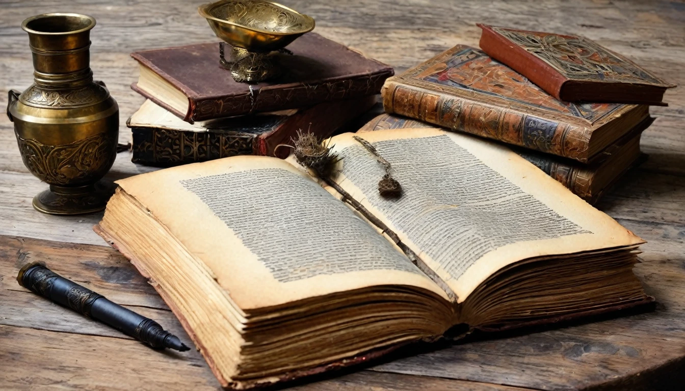 old books, manuscripts, on a table, medieval design, ink painting, on old paper