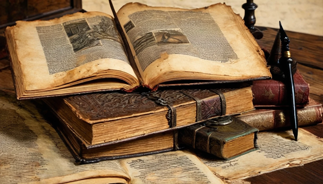 old books, manuscripts, on a table, medieval design, ink painting, on old paper