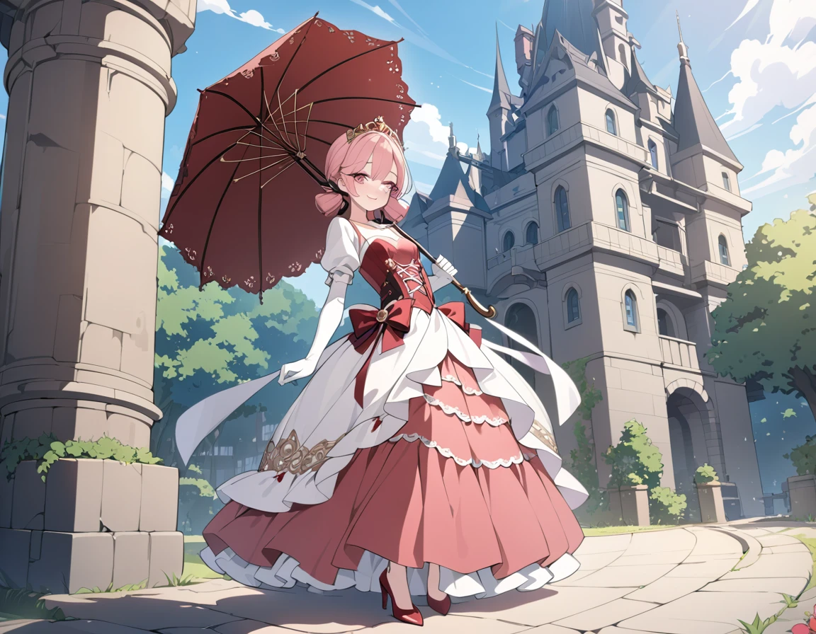 (best quality,4k,8k,highres,masterpiece:1.2),ultra-detailed, steampunk settings, Pretty 15 years old princess, drawn in anime style, she’s cute and joyful, smiling, long red pigtails hair, pink eyes, small breast, lipstick, makeup, pink eyeshadow, long eyelashes, dainty and delicate body, red princess gown with puffy sleeves, physically-based rendering,gorgeous dress design,flowing gown,elaborate lace details,rich textures,contrast stitching,delicate ribbon bows,floral accents,long maxi skirt,short sleeves,fitted waistline,lace-up back,luxurious fabrics,flawless silhouette, petticoat, bustle, corset, hair ribbons, white elbow gloves, ruby earrings and necklace, gold tiara, high heels, holding a lacy umbrella, walking in castle garden, beautiful sunny and cloudy sky.