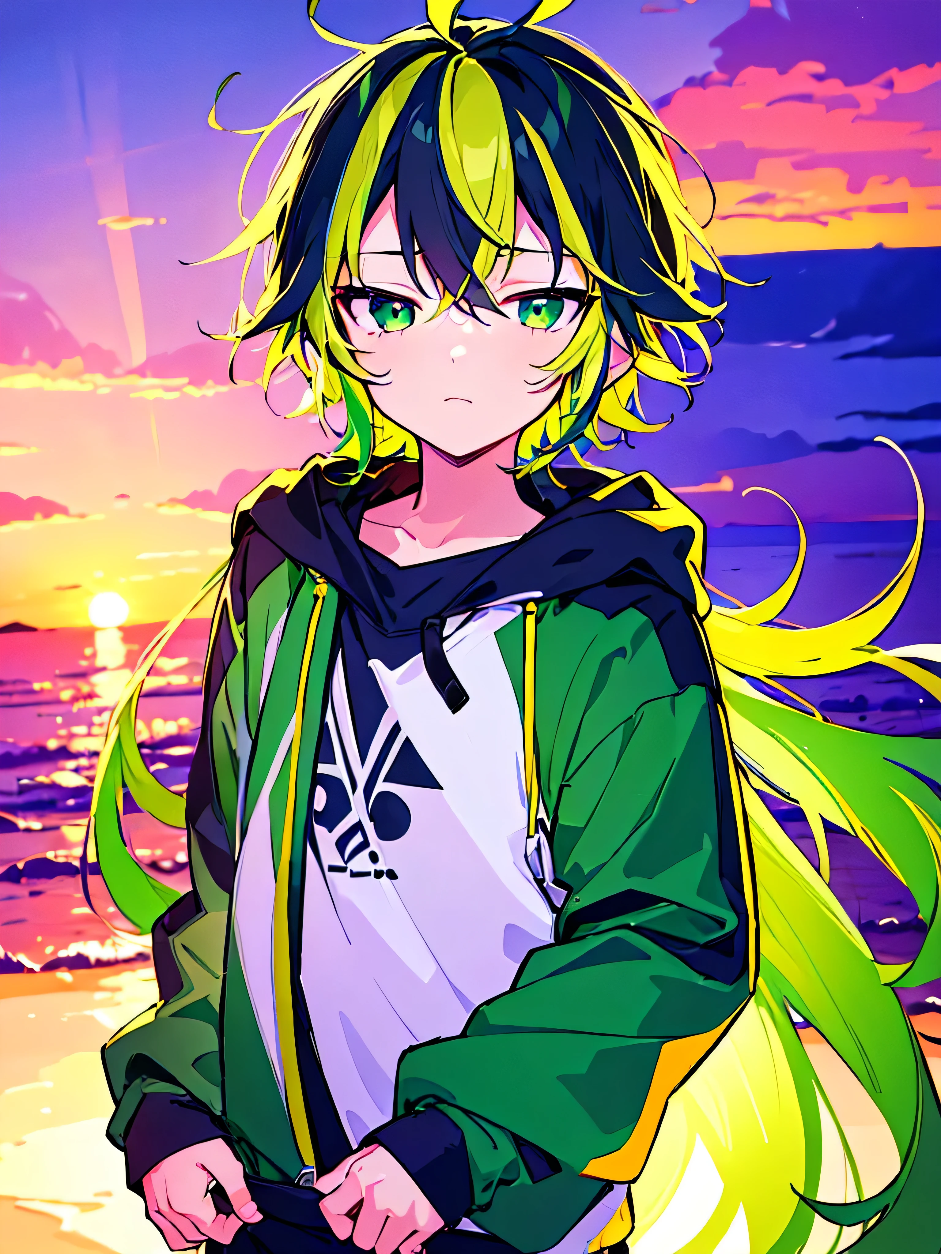 [(SUMMER BACKGROUND:1.5),::5], ((((masterpiece)))), high quality, ultra very high resolution, full color, (((solo))), ((little boy)), Purple hair, ((Green streaked hair)), (Green eyes), anime, ((upper body)), neon light, black parka, SEA, SUNSET