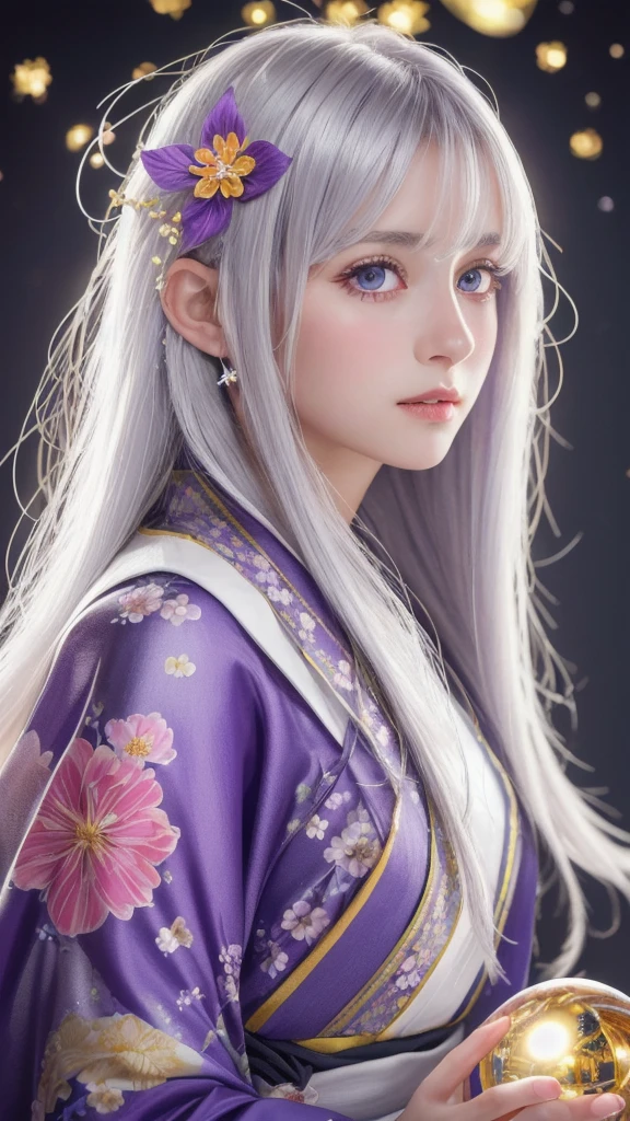 (masterpiece:1.3), (8k, photorealistic, raw photo, highest quality:1.4), (one girl), beautiful face, (realistic face), (long hair), (silver hair, near white hair, shiny hair, beautiful straight hair), (even bangs), (sharp bangs), straight hairstyle, realistic eyes, beautiful detailed eyes (purple eyes), (sharp eyes), (realistic skin), beautiful skin, (kimono), (magician's kimono), (flower hair ornament), attractive, ultra high resolution, ultra realistic, highly detailed, golden ratio, colorful background, (flowers blooming), (energy dancing background), magician, facing forward, facing from shoulders, looking straight ahead, both shoulders facing towards you, holding crystal ball, (heart crystal ball, love crystal ball).