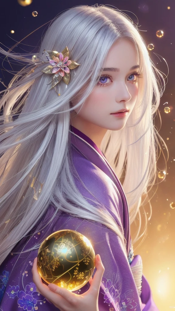 (masterpiece:1.3), (8k, photorealistic, raw photo, highest quality:1.4), (one girl), beautiful face, (realistic face), (long hair), (silver hair, near white hair, shiny hair, beautiful straight hair), (even bangs), (sharp bangs), straight hairstyle, realistic eyes, beautiful detailed eyes (purple eyes), (sharp eyes), (realistic skin), beautiful skin, (kimono), (magician's kimono), (flower hair ornament), attractive, ultra high resolution, ultra realistic, highly detailed, golden ratio, colorful background, (flowers blooming), (energy dancing background), magician, facing forward, facing from shoulders, looking straight ahead, both shoulders facing towards you, holding crystal ball, (heart crystal ball, love crystal ball).
