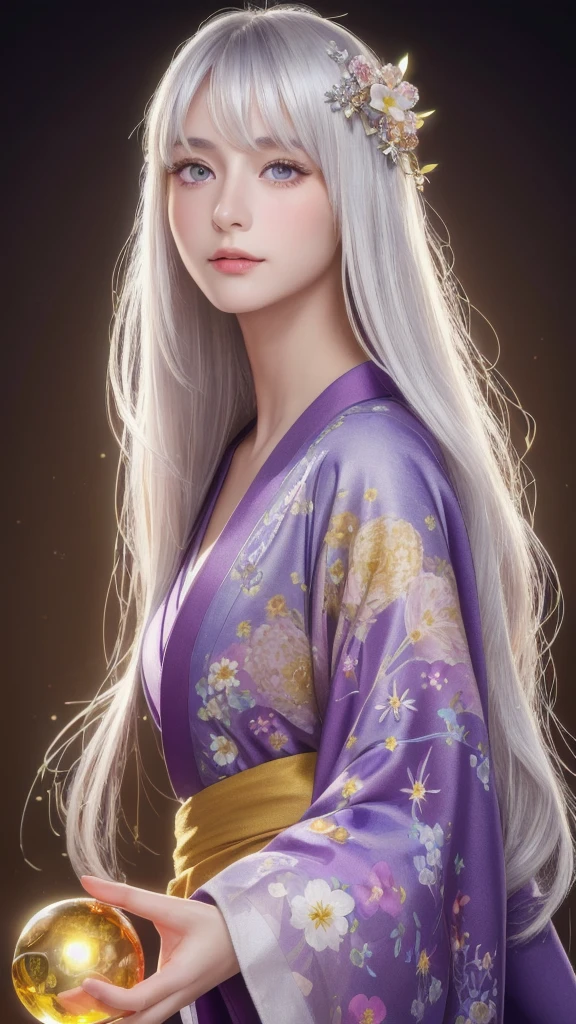 (masterpiece:1.3), (8k, photorealistic, raw photo, highest quality:1.4), (one girl), beautiful face, (realistic face), (long hair), (silver hair, near white hair, shiny hair, beautiful straight hair), (even bangs), (sharp bangs), straight hairstyle, realistic eyes, beautiful detailed eyes (purple eyes), (sharp eyes), (realistic skin), beautiful skin, (kimono), (magician's kimono), (flower hair ornament), attractive, ultra high resolution, ultra realistic, highly detailed, golden ratio, colorful background, (flowers blooming), (energy dancing background), magician, facing forward, facing from shoulders, looking straight ahead, both shoulders facing towards you, holding crystal ball, (heart crystal ball, love crystal ball).