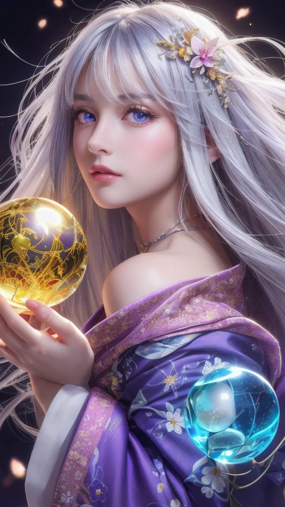 (masterpiece:1.3), (8k, photorealistic, raw photo, highest quality:1.4), (one girl), beautiful face, (realistic face), (long hair), (silver hair, near white hair, shiny hair, beautiful straight hair), (even bangs), (sharp bangs), straight hairstyle, realistic eyes, beautiful detailed eyes (purple eyes), (sharp eyes), (realistic skin), beautiful skin, (kimono), (magician's kimono), (flower hair ornament), attractive, ultra high resolution, ultra realistic, highly detailed, golden ratio, colorful background, (flowers blooming), (energy dancing background), magician, facing forward, facing from shoulders, looking straight ahead, both shoulders facing towards you, holding crystal ball, (heart crystal ball, love crystal ball).