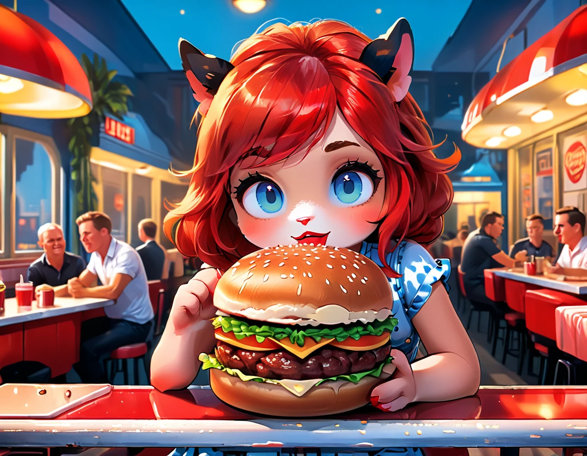 a 3D digital painting picture of extremely beautiful  (anthropomorphic cpw:1.3) serving a big hamburger in American diner, an exquisite beautiful female (cow anthropomorphic:1.3), ultra feminine ultra detailed face, red hair, short hair, little fury, red lips, blue eyes, wearing sexy white seductive latex dress, looking at a American  kitchen background,  dynamic angle, , award winning, best quality, high quality, high details, highres, vibrant, Ultra-high resolution, High Contrast, (masterpiece:1.5), highest quality, Best aesthetics, best details, best quality, highres, ultra wide angle, 16k, [ultra detailed], masterpiece, best quality,  photorealistic, 3D rendering, furry