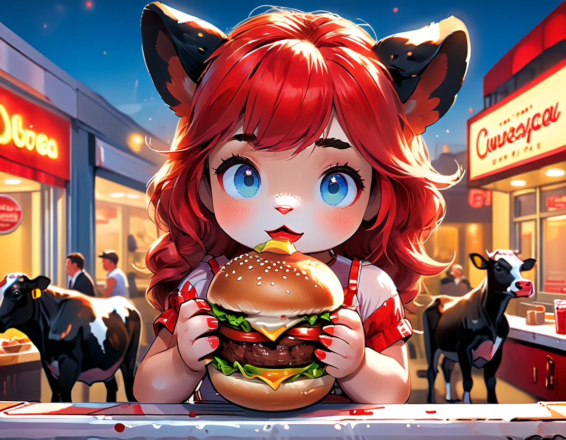 a 3D digital painting picture of extremely beautiful  (anthropomorphic cpw:1.3) serving a big hamburger in American diner, an exquisite beautiful female (cow anthropomorphic:1.3), ultra feminine ultra detailed face, red hair, short hair, little fury, red lips, blue eyes, wearing sexy white seductive latex dress, looking at a American  kitchen background,  dynamic angle, , award winning, best quality, high quality, high details, highres, vibrant, Ultra-high resolution, High Contrast, (masterpiece:1.5), highest quality, Best aesthetics, best details, best quality, highres, ultra wide angle, 16k, [ultra detailed], masterpiece, best quality,  photorealistic, 3D rendering, furry