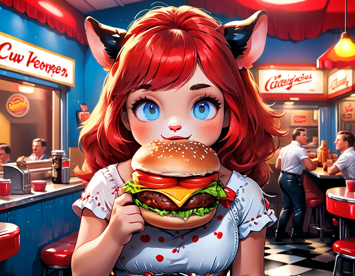 a 3D digital painting picture of extremely beautiful  (anthropomorphic cpw:1.3) serving a big hamburger in American diner, an exquisite beautiful female (cow anthropomorphic:1.3), ultra feminine ultra detailed face, red hair, short hair, little fury, red lips, blue eyes, wearing sexy white seductive latex dress, looking at a American  kitchen background,  dynamic angle, , award winning, best quality, high quality, high details, highres, vibrant, Ultra-high resolution, High Contrast, (masterpiece:1.5), highest quality, Best aesthetics, best details, best quality, highres, ultra wide angle, 16k, [ultra detailed], masterpiece, best quality,  photorealistic, 3D rendering, furry