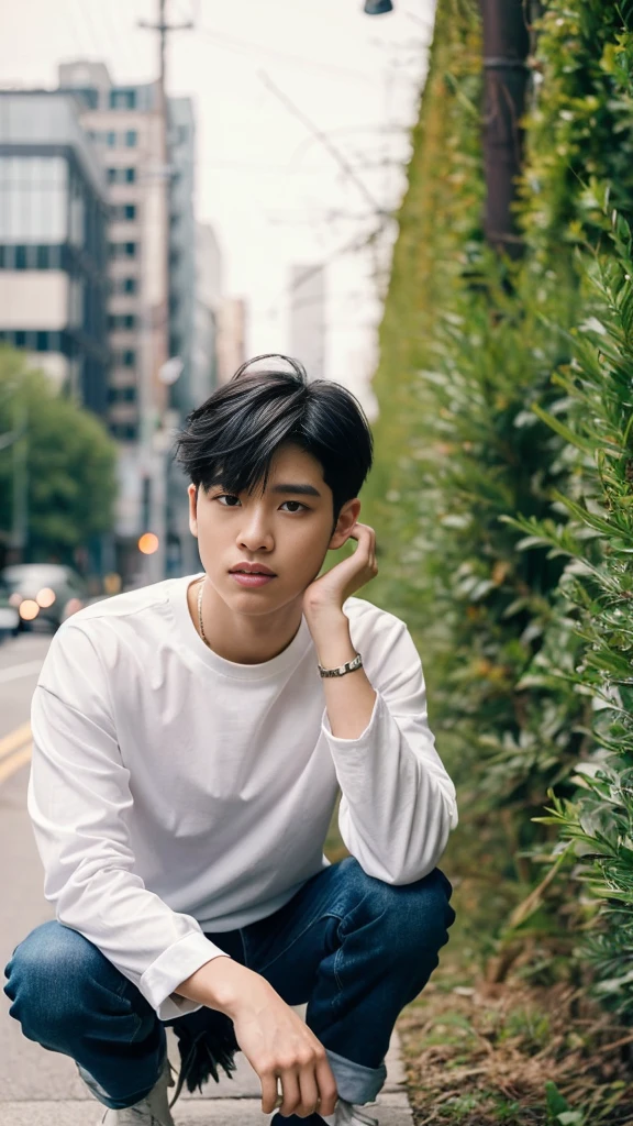 People are also generated vertically.。Create a highly detailed image of a mysterious and thoughtful young man crouching。The character has spiky black hair、Big expressive eyes and bears、And has pale skin。He is wearing a loose fitting white long sleeve shirt and dark blue jeans。The pose is unique、One hand to the mouth、The other hand is on the ground for balance.、I'm barefoot。The background is minimalist white.、Emphasize your character's unique look and thoughtfulness。The lighting is soft.、Highlights the character's pensive expression and unique posture。The background is a bit horror。