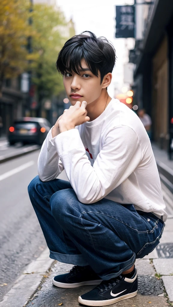 People are also generated vertically.。Create a highly detailed image of a mysterious and thoughtful young man crouching。The character has spiky black hair、Big expressive eyes and bears、And has pale skin。He is wearing a loose fitting white long sleeve shirt and dark blue jeans。The pose is unique、One hand to the mouth、The other hand is on the ground for balance.、I'm barefoot。The background is minimalist white.、Emphasize your character's unique look and thoughtfulness。The lighting is soft.、Highlights the character's pensive expression and unique posture。The background is a bit horror。