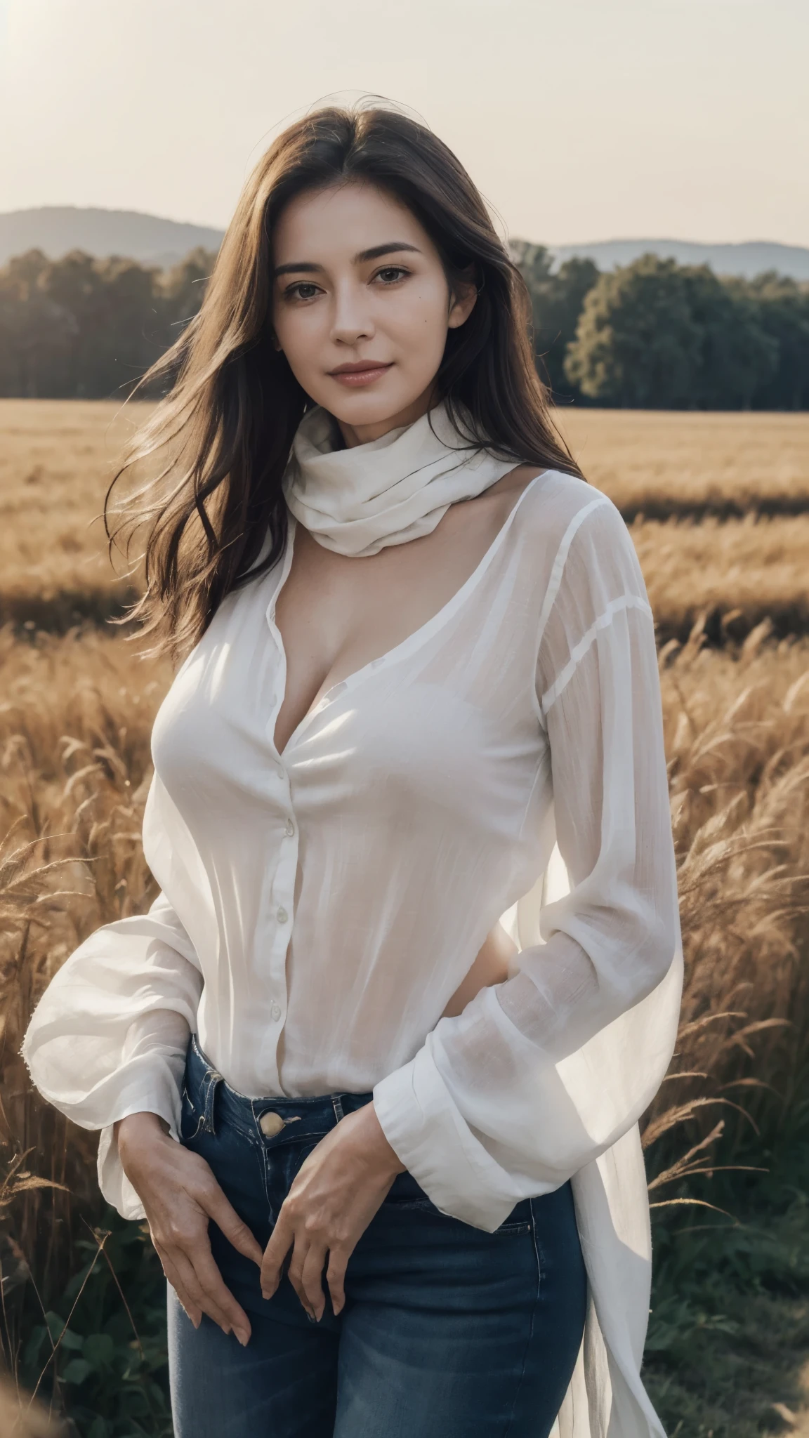 8k, best quality, masterpiece, realistic, ultra detail, photo realistic, Increase quality, (masterpiece:1.4), 
a photo of a mature woman standing in a field with a scarf, in the style of dark and brooding designer, voluminous mass, photobash, serene faces, jagged edges, navy, natural beauty, close-up shot, (Beautiful 63 year old woman:1.5), (Facial wrinkles : 1.2), (white sheer linen shirt with front open : 1.2), (bra : 1.1), jeans, leather boots, blanket, (plump body : 1), extremely white skin, pores, skin blemishes, dull skin, gentle smile, wavy hair, saggy breasts, (hanging breasts), on a barn, detailed backgrounds, sunrise