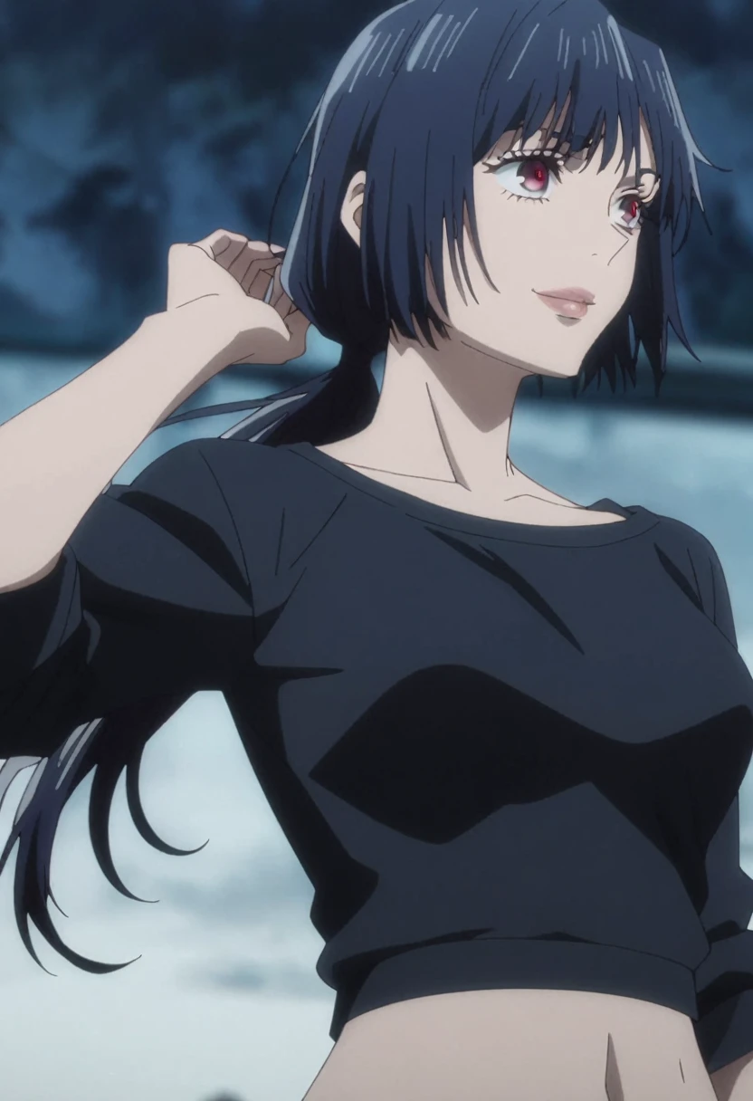 1girl, female gojo satoru, anime screencap from jujutsu kaisen, gojo satoru female version, solo, very long_hair, ((smooth texture hair)) ((red eyes)), ((low ponytail, silver_hair)) night view, breasts, upper_body, smile, bangs, lips ((low ponytail)) wearing black color sweater, breast, "very detailed and high resolution" (red eyes) ((smooth texture hair)) ((solo)) ((high resolution)) ((upper body)) (Good quality) , ((dark blue hair colour))