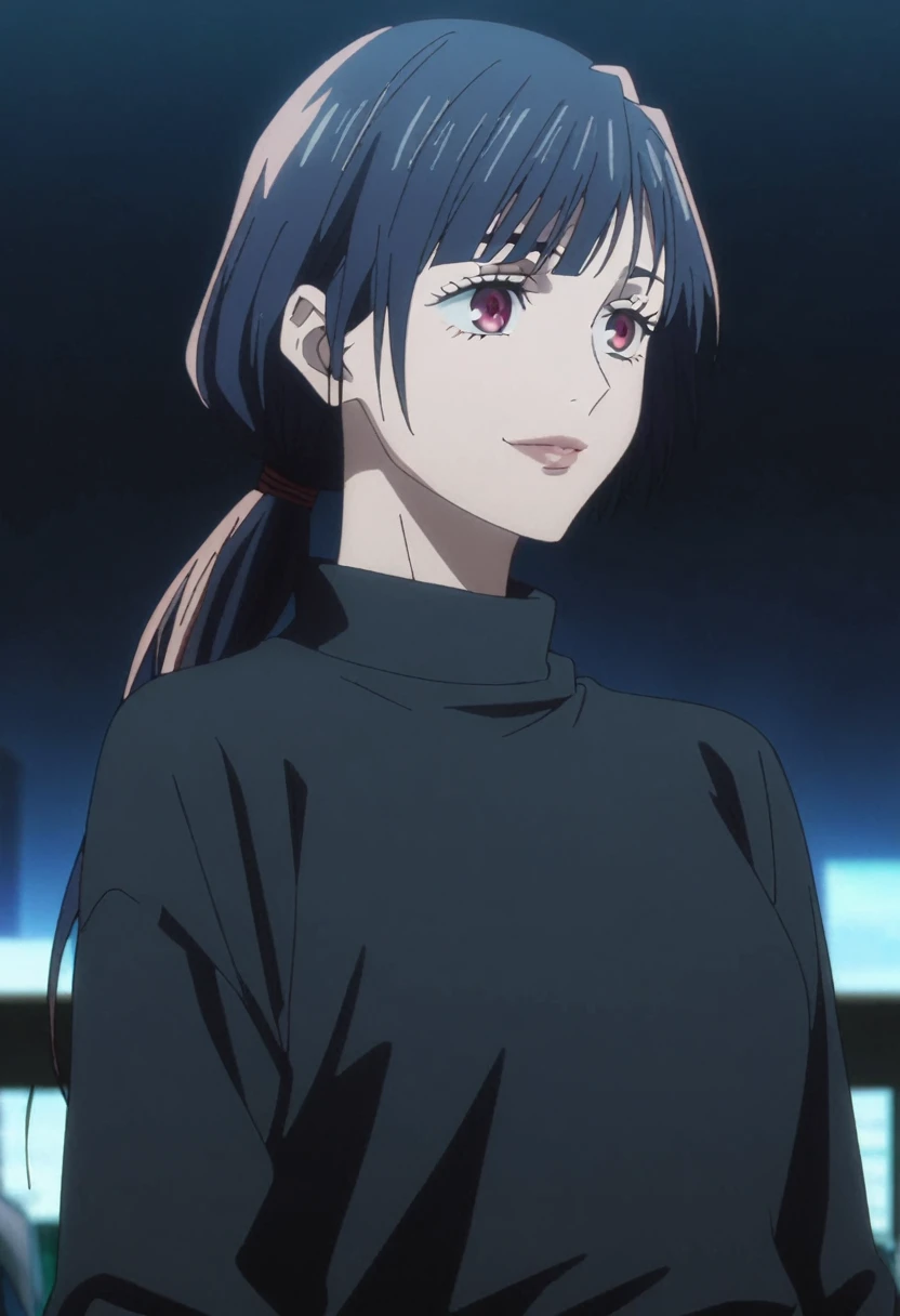 1girl, female gojo satoru, anime screencap from jujutsu kaisen, gojo satoru female version, solo, very long_hair, ((smooth texture hair)) ((red eyes)), ((low ponytail, silver_hair)) night view, breasts, upper_body, smile, bangs, lips ((low ponytail)) wearing black color sweater, breast, "very detailed and high resolution" (red eyes)  ((smooth texture hair)) ((solo)) ((high resolution)) ((upper body)) (Good quality) ,  ((dark blue hair colour))