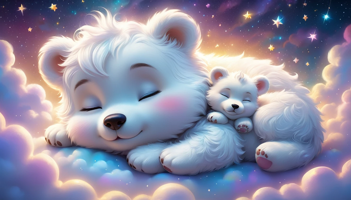 Disney/Pixar cartoon characters, Sleep, close your eyes, puppy, cute Sleep,Sleep, In the magical glowing clouds, Star background, Magical Glitter, Unreal Engine Rendering, 8K,There is a white bear cub sleeping on a cloud with stars in the background., Dream animal cute eyes, Adorable digital painting, Beeple and Jeremiah Kettner, Cute and intricate digital art, Cute digital art, Lisa Frank, Lying in the fairyland of white clouds, Sweet dreams, A dreamlike night, Dreamy Art, Cute artwork, Dreamy scene, Fluffy and full of light, Dreamy illustration,ADDROW