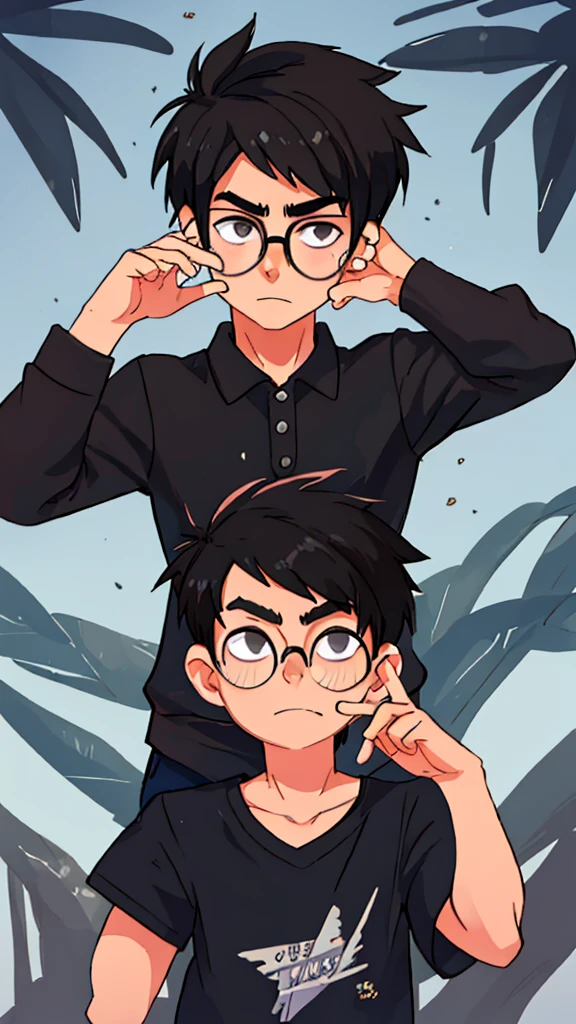 Two-headed boy Glasses Black and short hair Casual clothing
