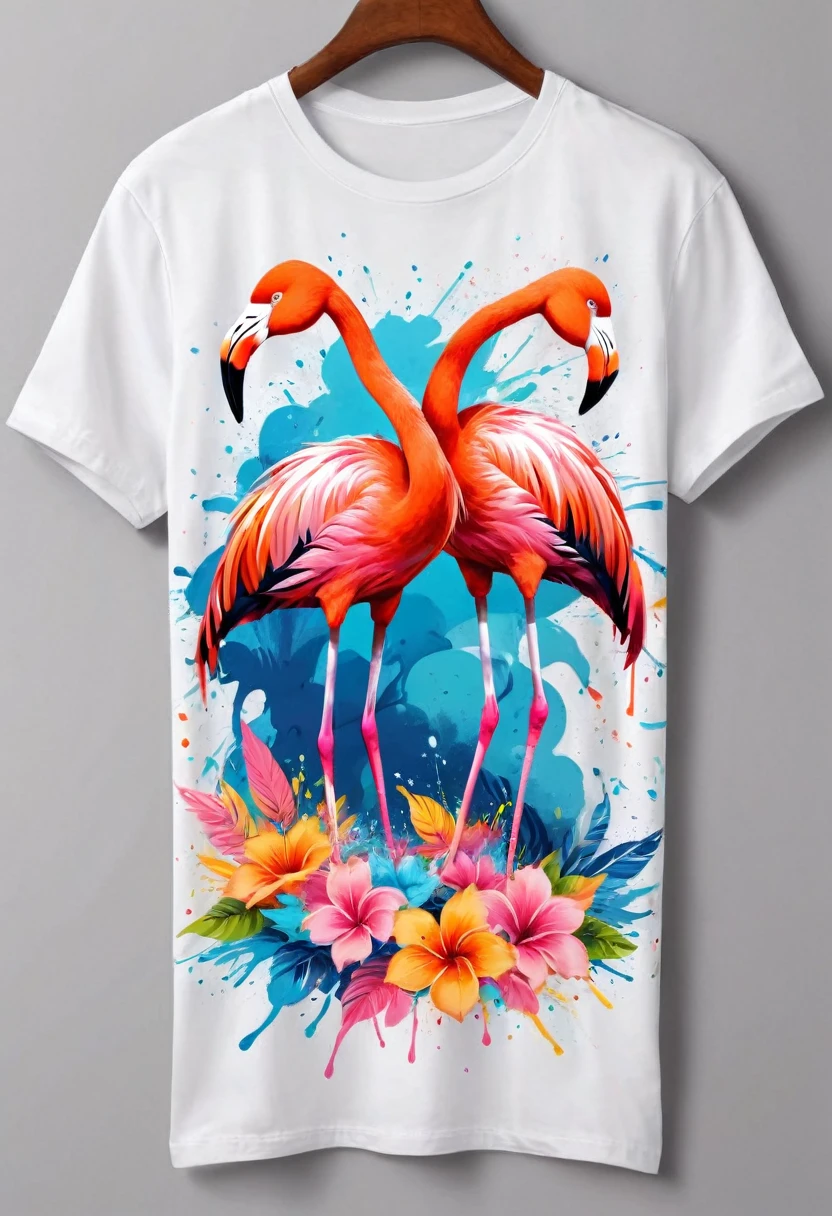 A t-shirt featuring vector art of a colorful illustration of two flamingos, At the center, swirly vibrant colors, paint splashes and smears, high détail, t-shirt designs
(artwork, best quality, proffesional, perfect composition, very aesthetic, absurdrez, super verbose, Intricate details:1.3)
