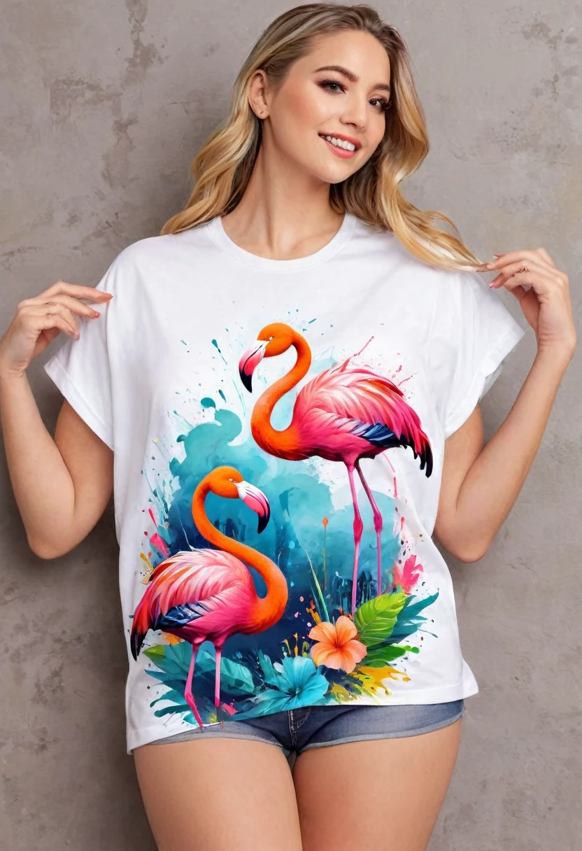 A t-shirt featuring vector art of a colorful illustration of two flamingos, At the center, swirly vibrant colors, paint splashes and smears, high détail, t-shirt designs
(artwork, best quality, proffesional, perfect composition, very aesthetic, absurdrez, super verbose, Intricate details:1.3)