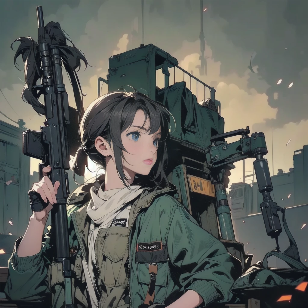 Realistic, As Yuuki, Super detailed,First Job, Better Quality, High resolution, One girl, Chinon 1, scarf, Fingerless gloves, Long sleeve, Short black shorts, hair ornaments, Hair Clip, Green thighs, Green jacket, Thigh straps, number de cowboy, Holding a gun, sniper rifle, Remains, Sitting, (Sword Art Online), range, Using a sniper, holding the sniper rifle, olhando no range, looking into the sniper rifle scope, number, High resolution, Urban, roof, Collapsed building, war, Catastrophe, disaster, Graves, cold, Bright Eyes, Superpoder, concentrated, concentrated, Cabello Kurt Azul, blue eyes, Ultra-realistic hands, With black gloves, Proportional Body