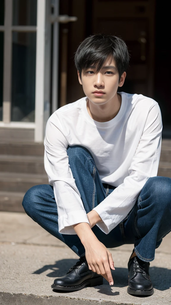 People are also generated vertically.。Create a highly detailed image of a mysterious and thoughtful young man crouching。The character has spiky black hair、Big expressive eyes and bears、And has pale skin。He is wearing a loose fitting white long sleeve shirt and dark blue jeans。The pose is unique、One hand to the mouth、The other hand is on the ground for balance.、I'm barefoot。The background is minimalist white.、Emphasize your character's unique look and thoughtfulness。The lighting is soft.、Highlights the character's pensive expression and unique posture。The background is a bit horror。
