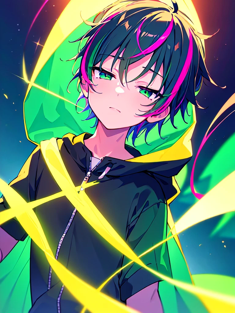 [(SUMMER BACKGROUND:1.5),::5], ((((masterpiece)))), high quality, ultra very high resolution, full color, (((solo))), ((little boy)), Purple hair, ((Green streaked hair)), (Green eyes), anime, ((upper body)), neon light, black parka, OVERDRIVE, SUNSET