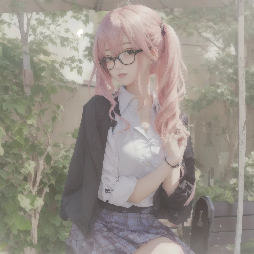 Anime Girls with pink hair and glasses sitting on a bench, Wearing glasses, Beautiful anime school girl, portrait Anime Girls, Anime Girls, cute Anime Girls, young Anime Girls, seductive Anime Girls, Anime Style 4k, Cute girl anime visuals, an Anime Girls, cute Anime Girls portraits, Soft anime illustration, (Anime Girls)