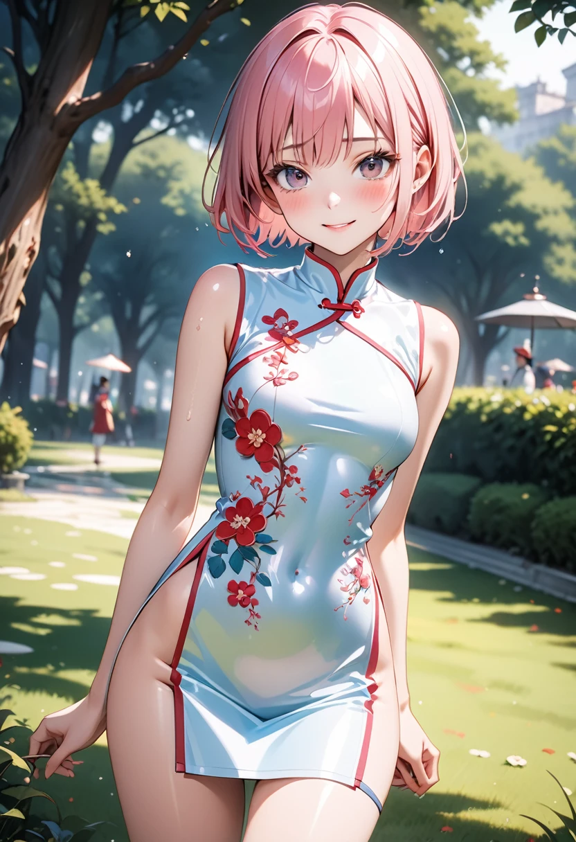 ((A Chinese dress with flashy embroidery)), Metallic Outfit, (The hem of the costume is long), skinny, solo, 1 woman, Masterpiece, highest quality, highest quality, 16K, incredibly absurd, highly detailed, 2.5D, ai-generated, delicate and dynamic, very delicate facial expressions, delicate eye depiction, , only sexy wn, ((A cute and kind face)), healthy figure, ((25-year-old woman)), 160cm tall, medium firm swaying bust, (short hair), (pink hair:1.5), bob cut, black eye, blush, Sweat,Embarrassed,sexy, ((t thighs)), (camel toe:0.t nipples:0.9), (le nip7), ((shiny and lustroucing straight at viewer, s, (standing), cowboy shot, ((arm at side)), Large park, daytime, bright, on the grass,