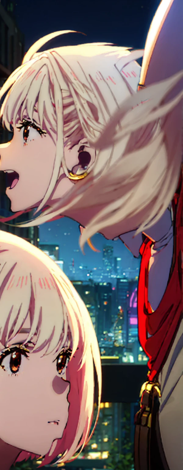 High resolution, High resolution,2D Anime Style,,Cool woman,Mature,,20th generation,short hair,Blonde,Red eyes,Beautiful Watches,Beautiful earrings,Cute clothes,He is laughing a little,night,