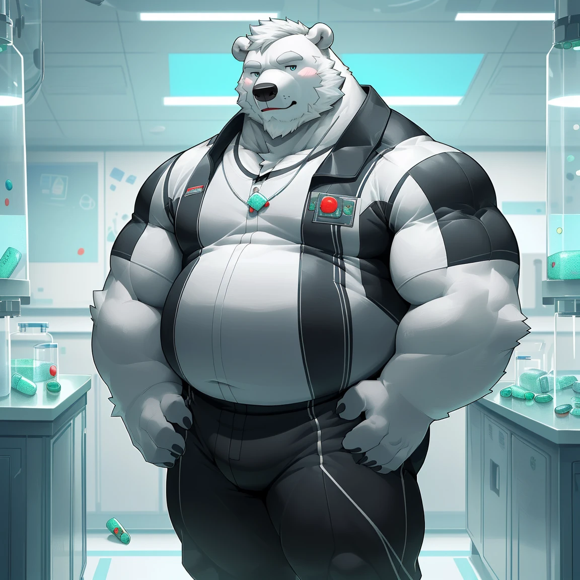 masterpiece, best quality, 8k resolution, Very detailed, hairy,(((polar bear)),(((Mature))),(((beard))),(((fat))),(((White hair all over body))),(((portrait))),(((White hair))),(((Standing))),(((Black suit))),(((Left hand on waist))),Highest quality scene,(((Hip bulge))),(((Pills in right hand))),(((Fat-enclosed muscle))),(((Round face))),(((laboratory)))