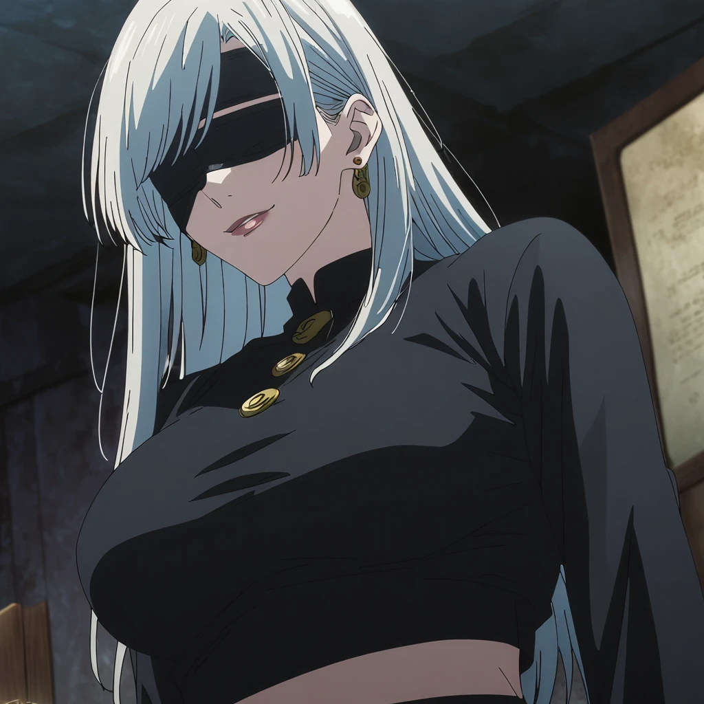 1girl, female gojo satoru, anime screencap from jujutsu kaisen, gojo satoru female version, solo, very long_hair, ((smooth texture hair)) ((black blindfold)), ((very long white_hair)), night view, breasts, upper_body, smile, indoors, book, bangs, lips (( very long hair, swept bangs)) wearing black color sweater, breast, "very detailed and high resolution" (black blindfold) ((one hand on the chin))  ((smooth texture hair)) ((solo)) ((high resolution)) ((upper body)) (Good quality)  cleavage, (sitting)