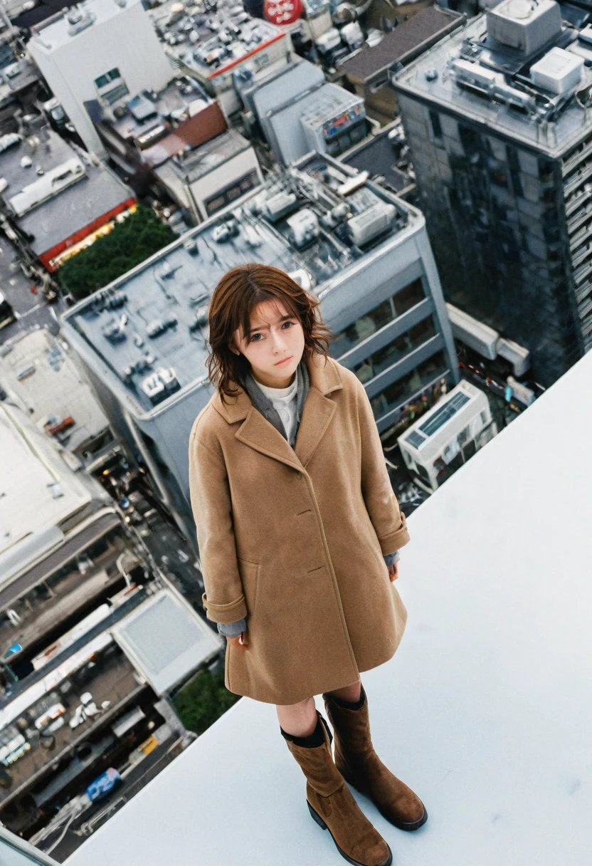 (masterpiece, best quality), (extreme high angle shot), shot from above, 1girl, solo, billboard, brown eyes, brown hair, building, tokyo city, cloudy sky, coat, boots, from side, light frown, looking at viewer, outdoors, rooftop, sky, skyscraper