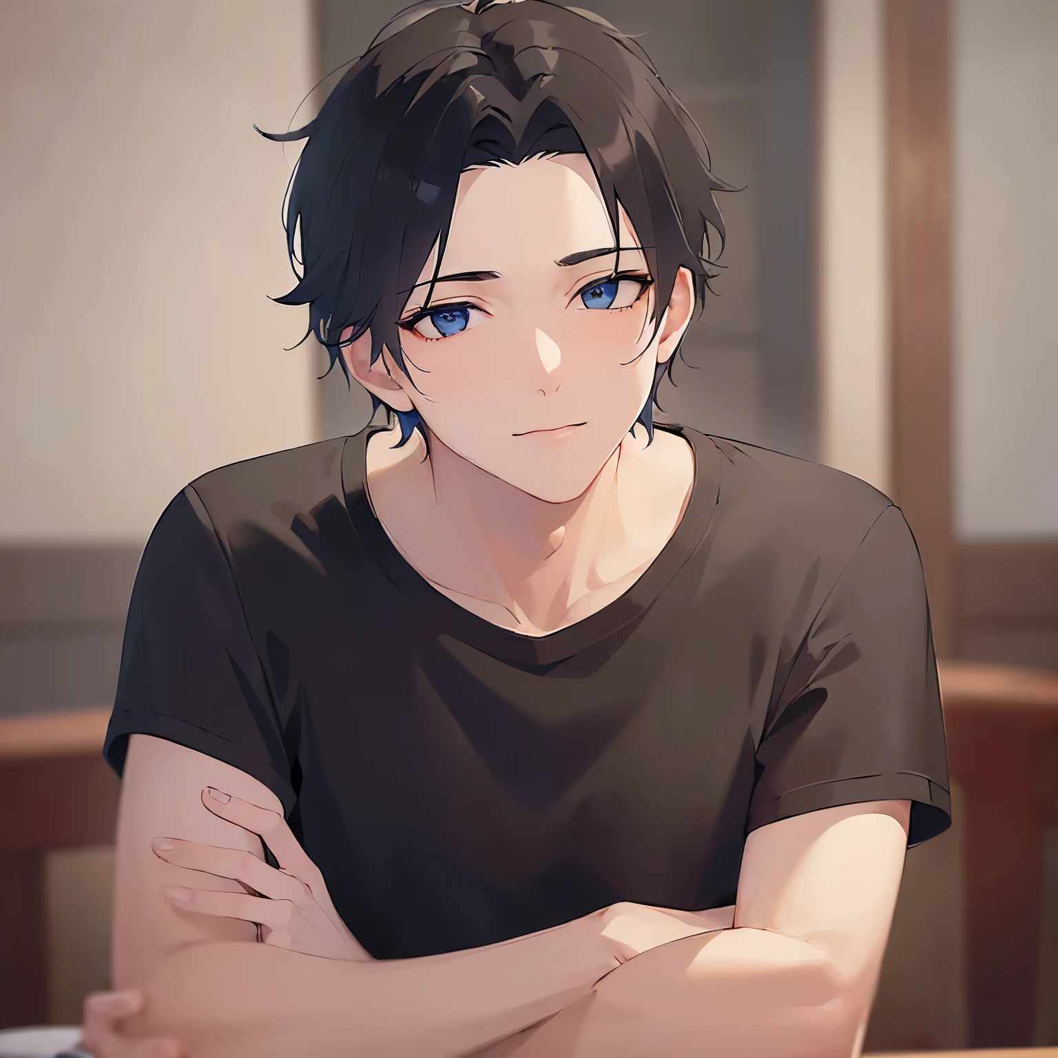 (25-year-old male:1.5) and (Black short hair) and (blue eyes)
(black:1.3) and (T-Shirts)(looking away:1.5),upper body、
shiny skin, masterpiece、Highest quality、Side shot
(The background is the dining room at night:1.5)、smile,(alone:1.5)、Arms crossed、Are standing