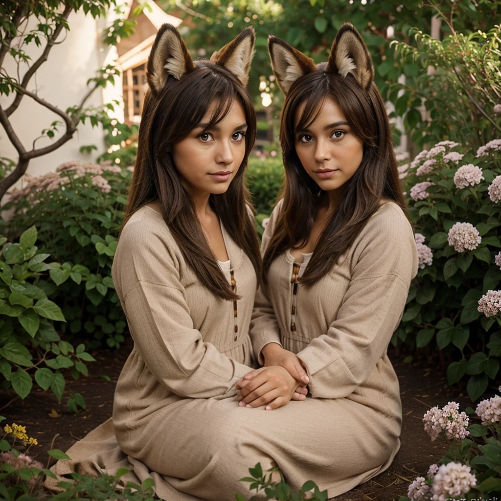 fox, (monster girl), long brown ears with darker brown inside, brown fur, tan neck fluff, brown fluffy tail with a tan tip, large brown eyes, wearing modest clothing, sitting in a flower garden, masterpiece, best quality