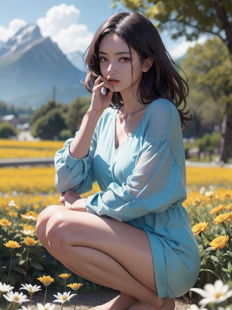 1girl, storm clouds and mountain, (flower field:1.4) in the foreground, pale blue vinyl short summer dress and loose cotton deep v-neck blouse, light tracing, (rule of thirds composition) (floating colorful wind:1) (photorealistic:1.4), (she is squatting to smell the flowers), official art, unity 8k wallpaper, ultra detailed, beautiful and aesthetic, masterpiece,best quality, oily skin, sweating, cinematic lighting, intense gaze reverie, rule of third, big old tree in the background