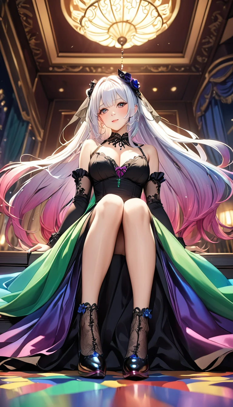 (A girl),Gothic,Double tail,White hair, Organza lace,Gorgeous and exquisite costumes,Gothic, flight, green, (rich and colorful), bold, Gradient Blending, Motion Blur, Sparkling texture, Flowing composition, Atmospheric perspective, Impressionism, , (masterpiece), (best quality), wonderful, (Beautiful details), (detailed), Written border depth, 极其detailed的 CG, The original, 非常detailed的壁纸, (Vibrant colors), Cinema Lighting, (rich and colorful), blush, Full body photography, From below:1.3,Sitting
