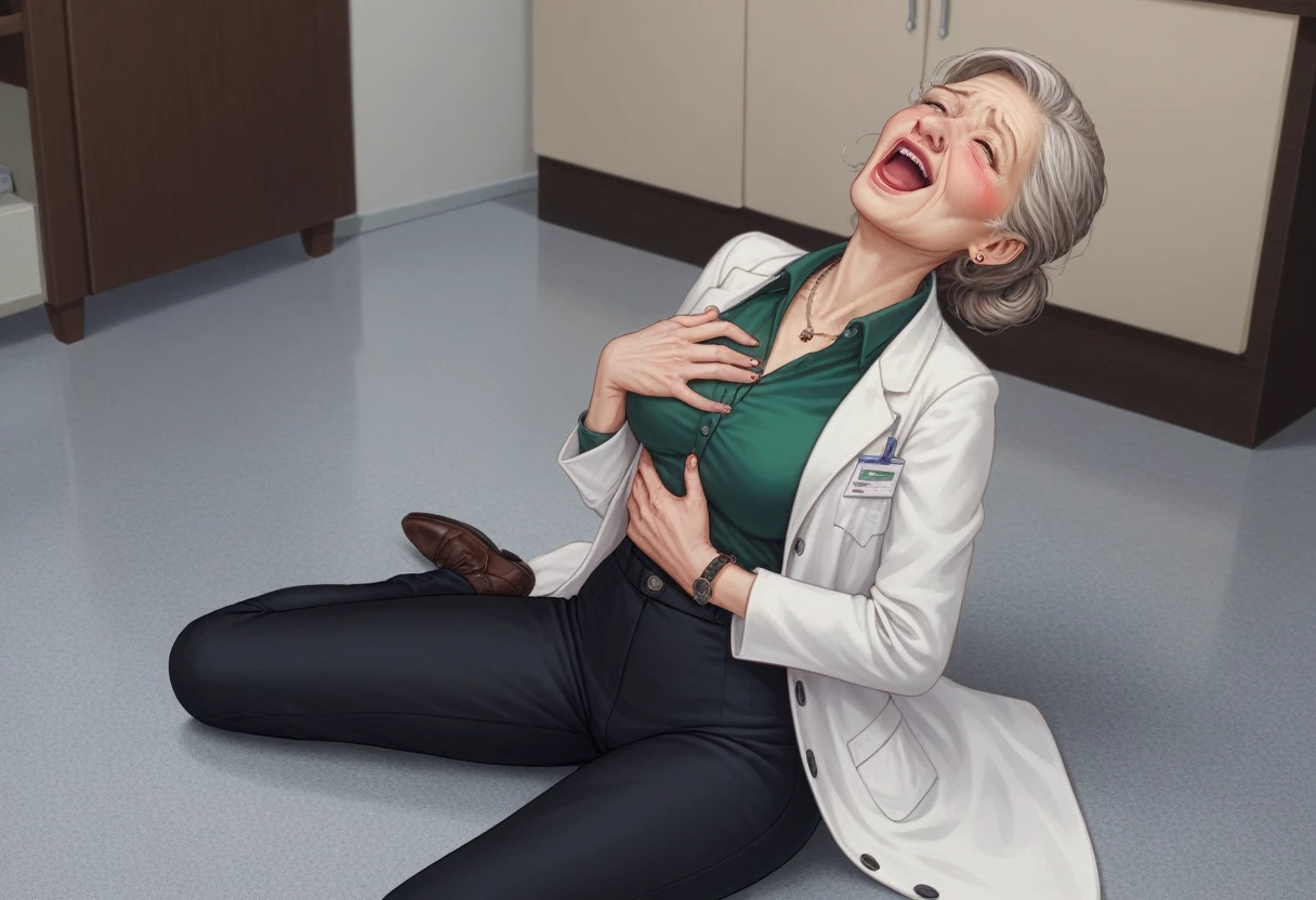 sitting on floor leaning back on hands chest thrust out in office alonehyperrealistic art cinematic film still lower angle photography in the style of detailed hyperrealism photoshoot . (widehips) Extremely high-resolution details, photographic, realism pushed to extreme, fine texture, incredibly, elderly frail woman, medium length grayahir with darkbrown hairroots, (lab coat with green blouse and black pants), blushing smile, clutching chest ((headback_moaning_openmouth))
